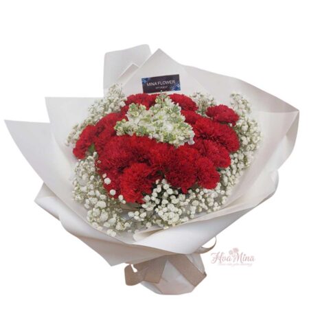 Bó hoa cẩm chướng đỏ kết hợp phi yến và baby trắng – Quà tặng sang trọng, ý nghĩa