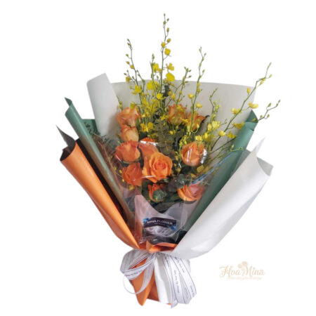 Bó hoa hồng cam phối lan vàng – Sắc màu rực rỡ cho ngày thêm hạnh phúc