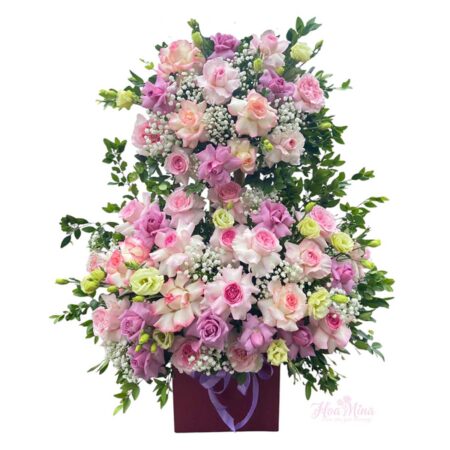 Lẵng Hoa 2 Tầng Để Bàn Tone Tím Hồng Nhẹ Nhàng – Thanh Lịch Và Lãng Mạn