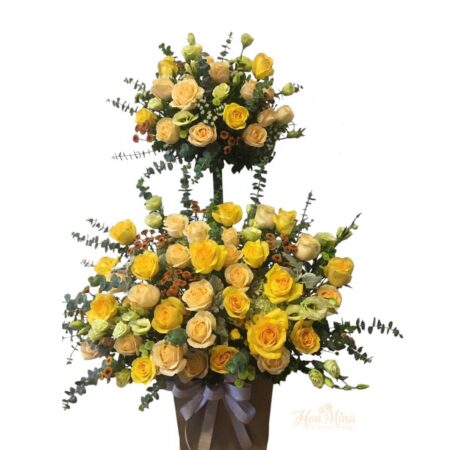 Lẵng Hoa Để Bàn 2 Tầng Tone Màu Vàng – Sang Trọng Và May Mắn